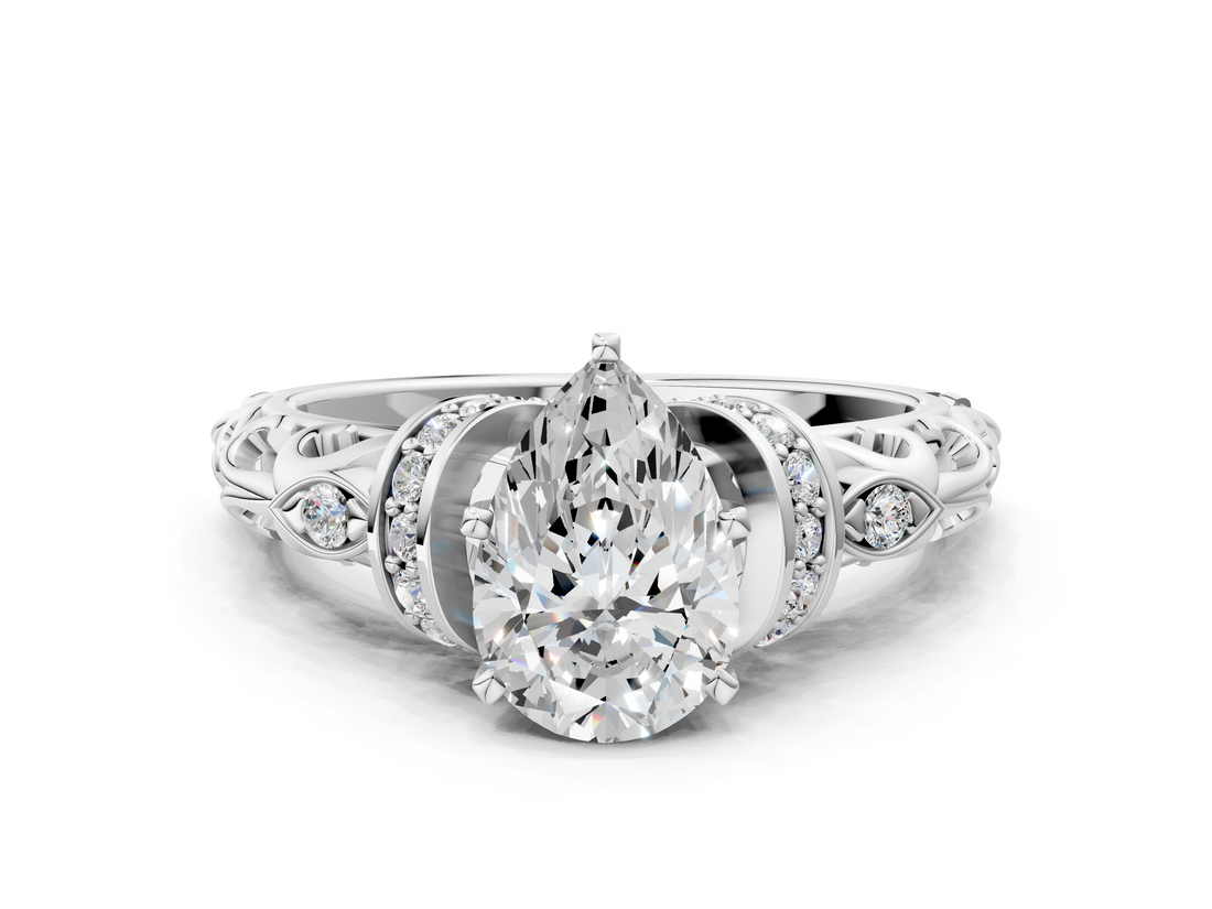 White gold Pear Solitaire Diamond Ring with Filigree Band and Four-Prong Setting_77