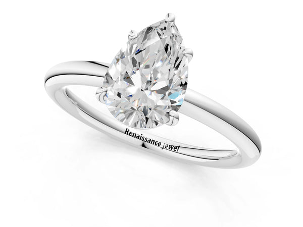 White gold Pear Solitaire Diamond Ring with Four-Prong Setting on a Plain Band