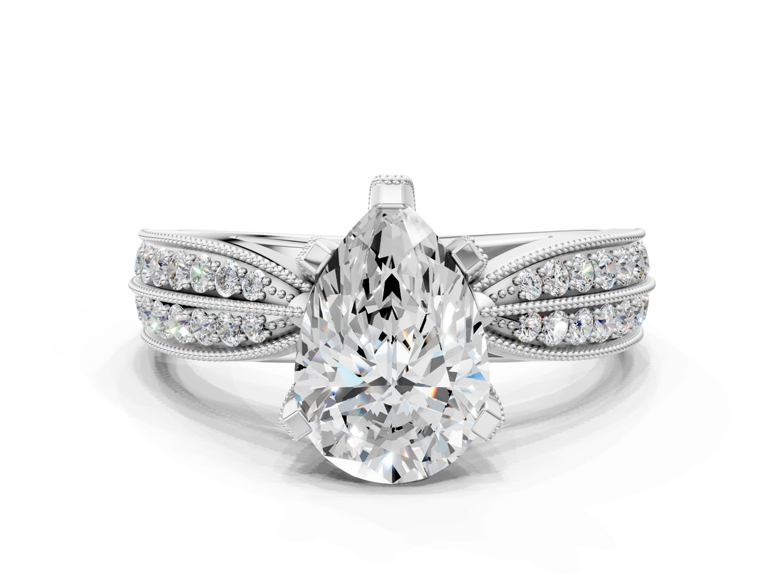 White gold Pear Solitaire Diamond Ring with Milgrain Pavé Band and Four-Prong Setting_144