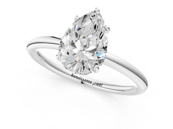 14K White Gold 4.01 Carat F VVS2 Pear Solitaire Diamond Ring with a Classic Band and Four-Prong Setting