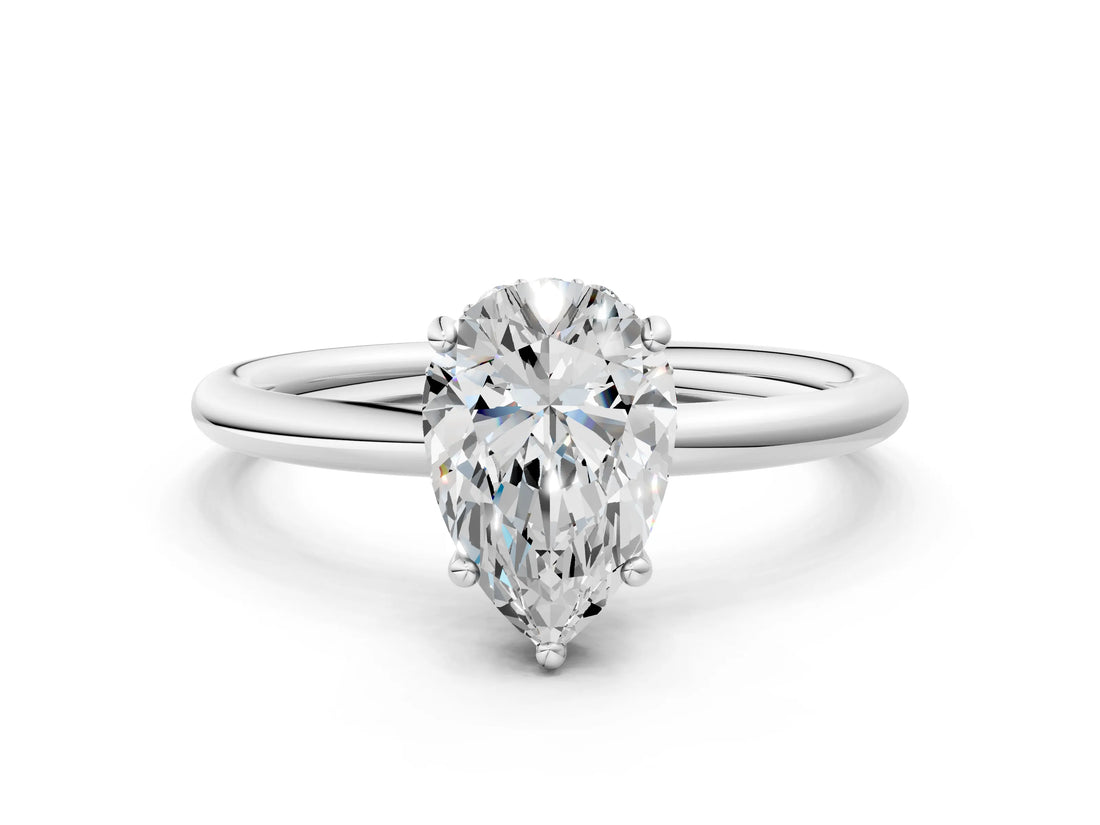 14K White Gold 4.01 Carat F VVS2 Pear Solitaire Diamond Ring with a Classic Band and Four-Prong Setting