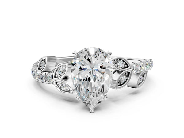 Platinum Pear-Shaped Leaf Solitaire Engagement Ring Setting with Pave Band