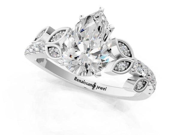 Platinum Pear-Shaped Leaf Solitaire Engagement Ring Setting with Pave Band