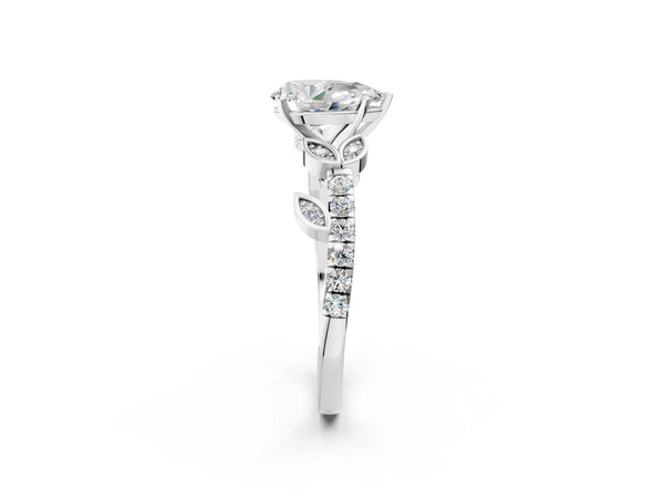 Platinum Pear-Shaped Leaf Solitaire Engagement Ring Setting with Pave Band