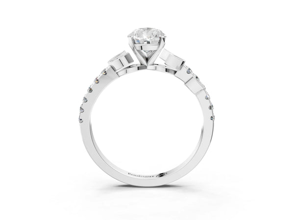 Platinum Pear-Shaped Leaf Solitaire Engagement Ring Setting with Pave Band