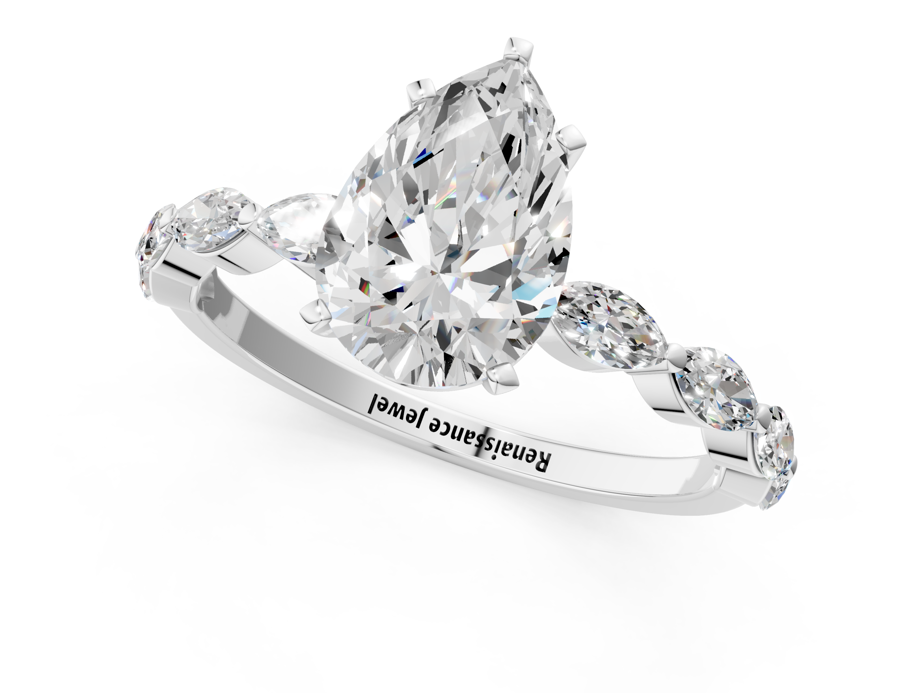 White gold Pear Solitaire Marquise Side Stone Prong Setting Ring_72