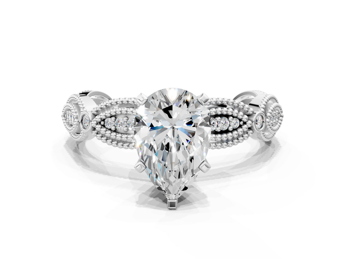 White gold Pear Solitaire Milgrain Diamond Engagement Ring with Bezel and Marquise Band_167