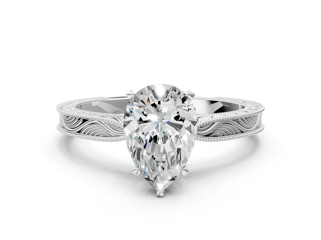 White gold Pear Solitaire Milgrain Engraved Band with Four-Prong Setting_4