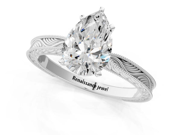 Platinum Pear-Shaped Vintage Solitaire Engagement Ring Setting with Milgrain Engraved Band