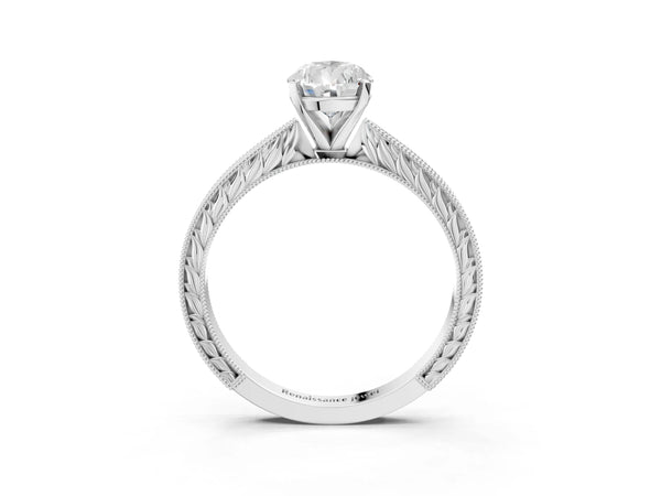 Platinum Pear-Shaped Vintage Solitaire Engagement Ring Setting with Milgrain Engraved Band