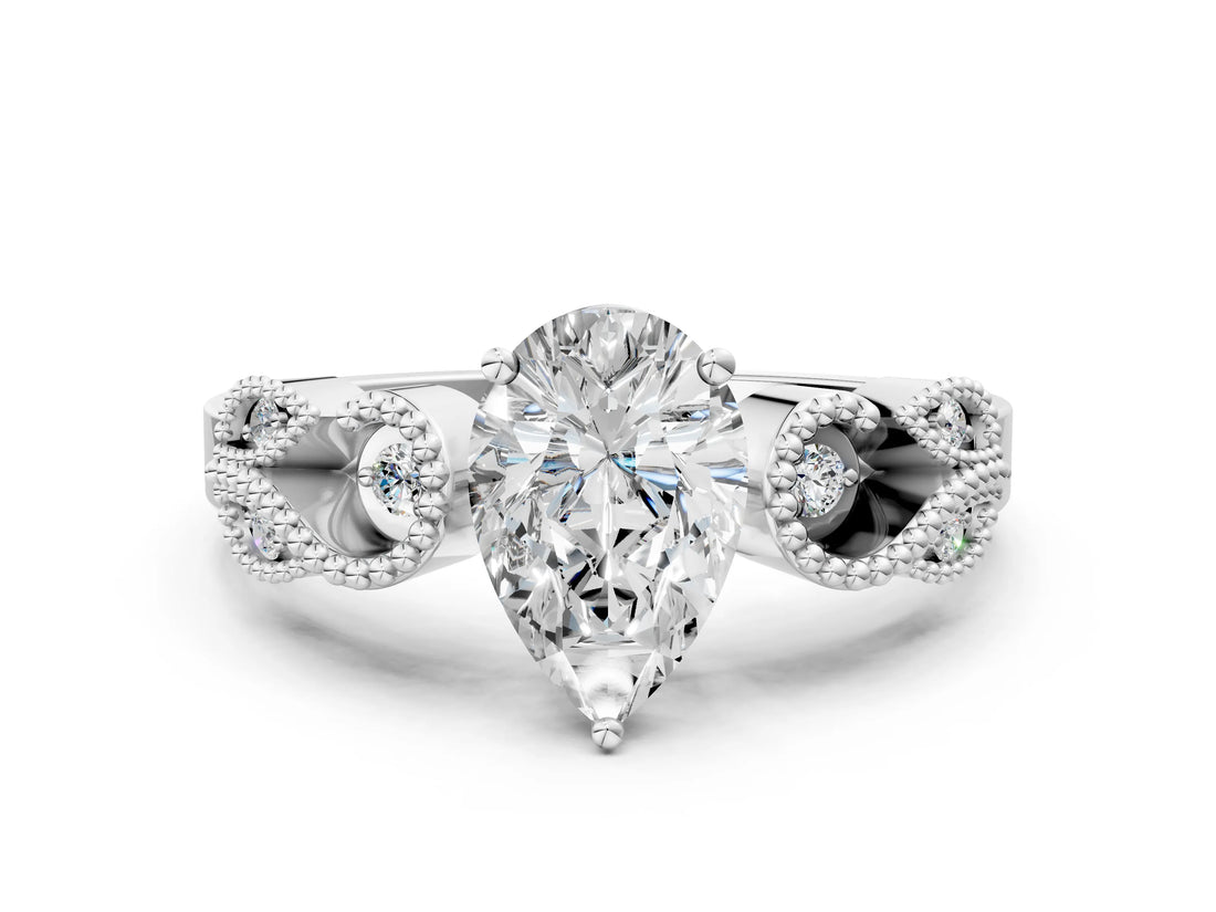 White gold Pear Solitaire Milgrain Leaf Band with Prong Setting_3