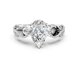 White gold Pear Solitaire Milgrain Leaf Band with Prong Setting_3