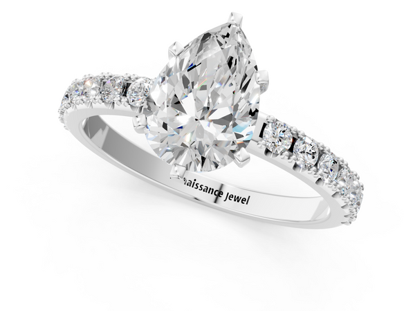 Sterling Silver Pear-Shaped Solitaire Engagement Ring Setting with Large-Stone Scalloped Pave Band