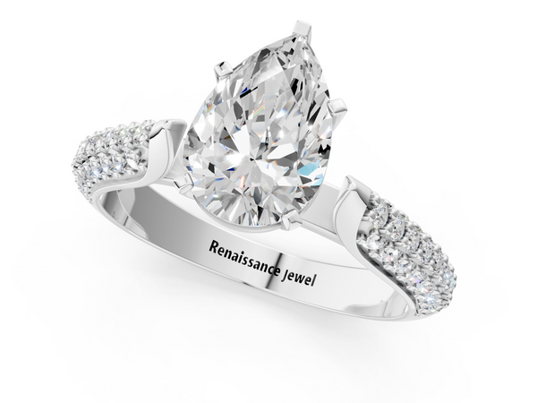 White gold Pear Diamond Solitaire Engagement Ring with Pavé Band and Four-Prong Setting