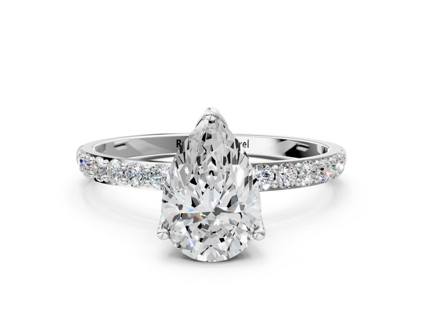White gold Pear Cut Diamond Solitaire Engagement Ring with Round  Pavé Band and Prong Setting