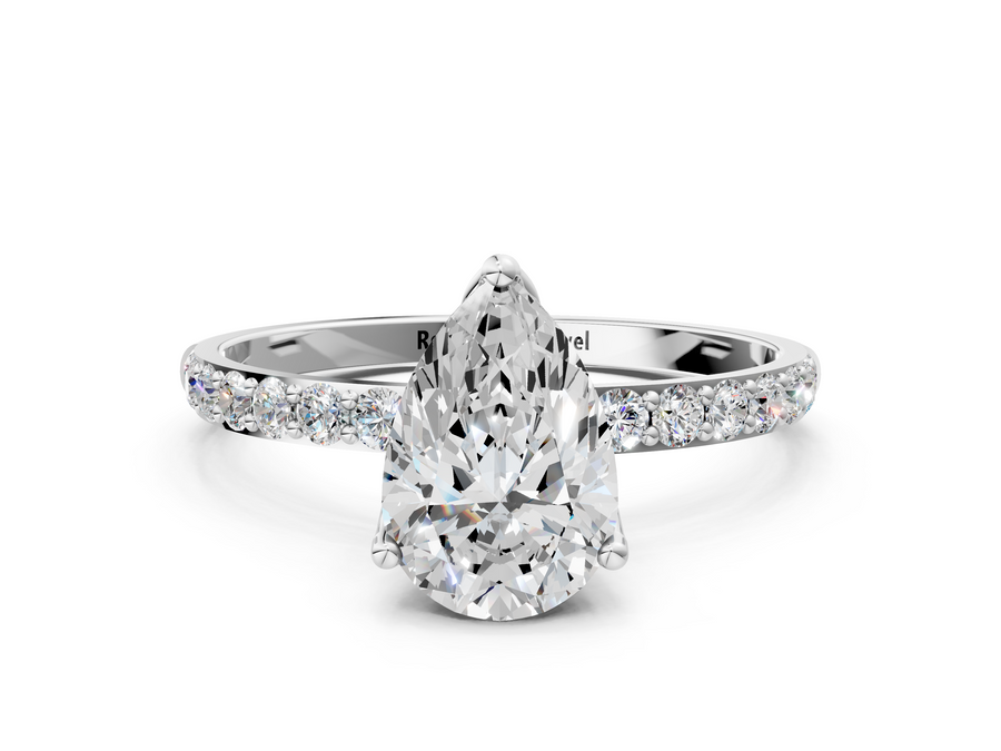 White gold Pear Cut Diamond Solitaire Engagement Ring with Round  Pavé Band and Prong Setting