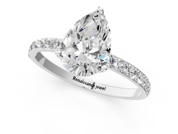 Silver 4.04 Carat F VS1 Pear Diamond Solitaire Engagement Ring with Round  Pavé Band and Prong Setting