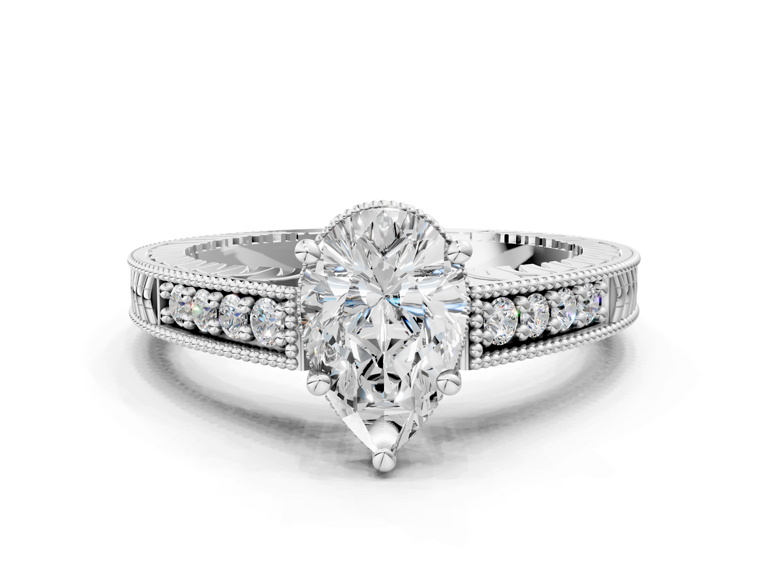 White gold Pear Solitaire Pavé Diamond Milgrain Engagement Ring with Four-Prong Setting_21