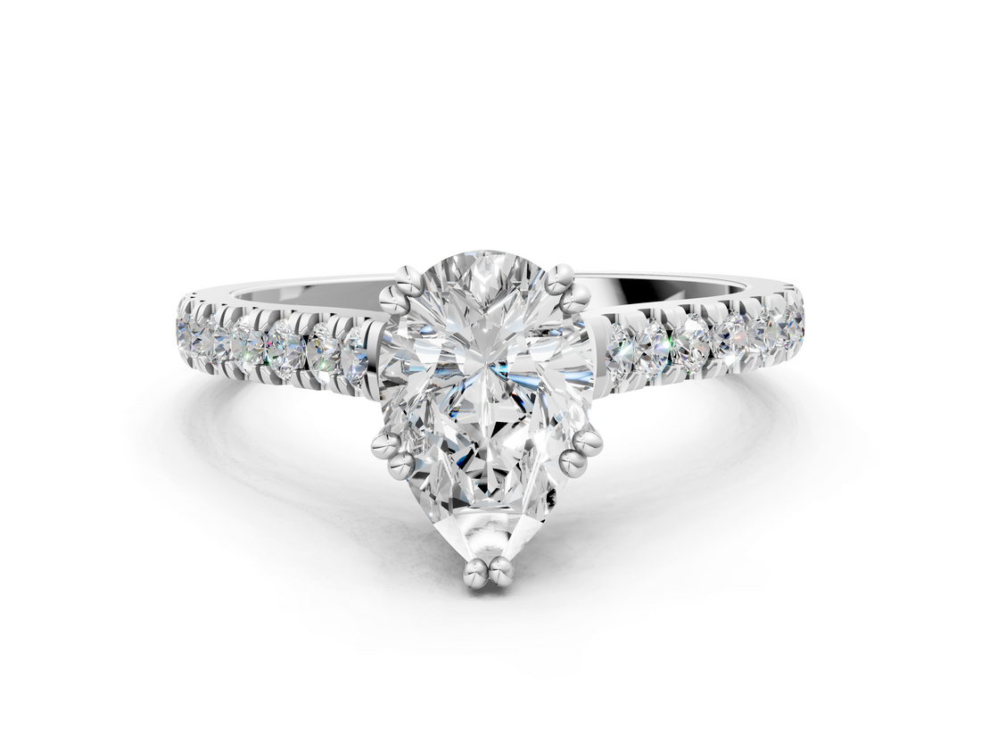 White gold Pear Solitaire Pave Diamond Engagement Ring with Prong Setting_55