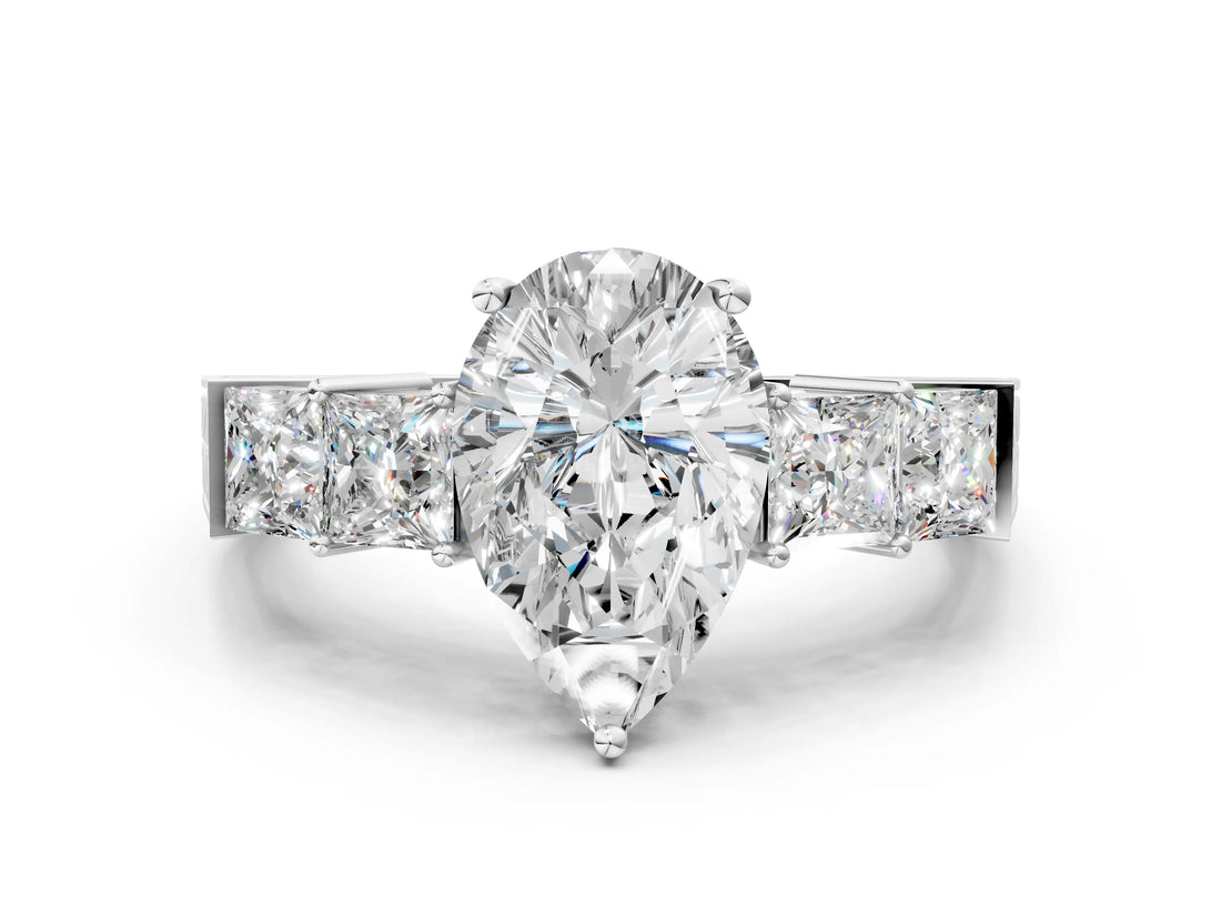 White gold Pear Solitaire Princess Side Stone Engraved Band Prong Setting Ring_3