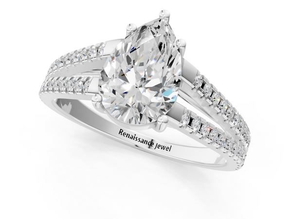 Platinum Pear-Shaped Split Shank Solitaire Engagement Ring Setting with Double Pave Strands