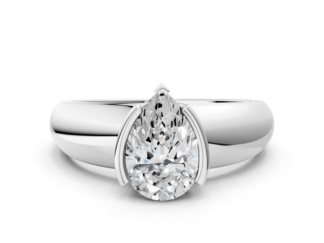 White gold Pear Solitaire Tension Set Diamond Ring with Wide Band_37