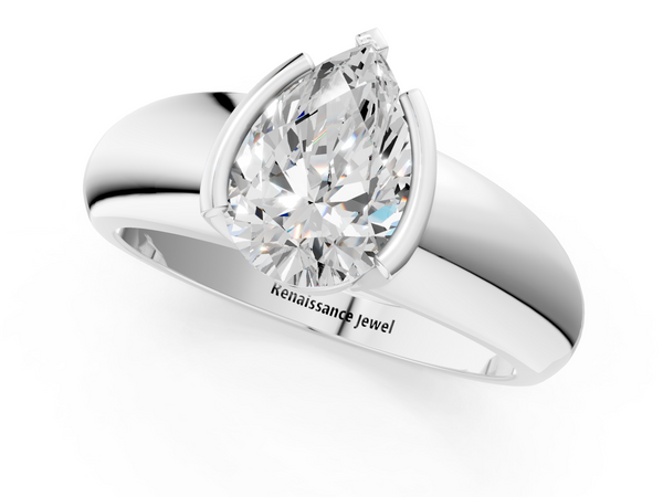 White gold Pear Solitaire Tension Set Diamond Ring with Wide Band