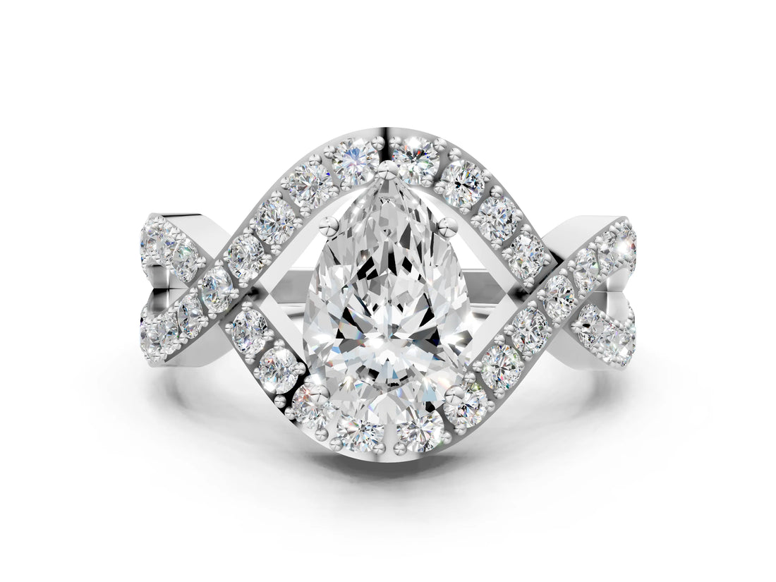 White gold Pear Solitaire Twist Band Pavé Diamond Engagement Ring_50