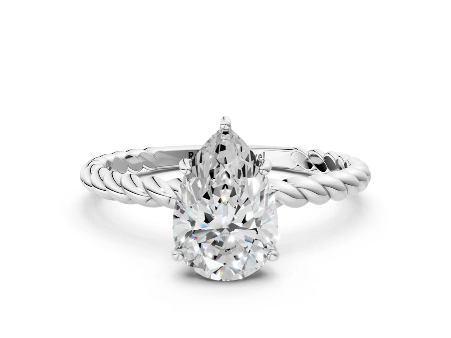 White gold Pear Solitaire Twist Band Ring with Four-Prong Setting