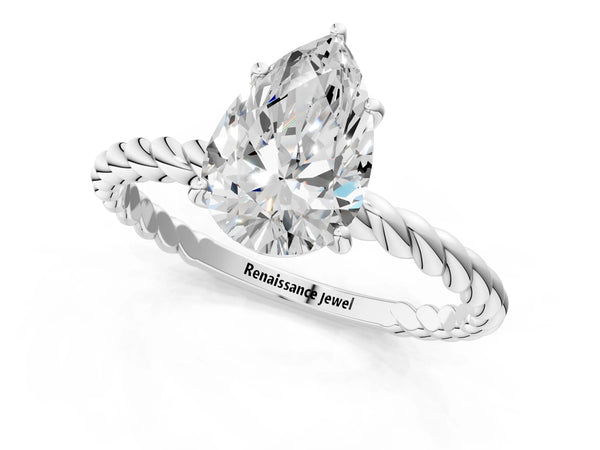 White gold Pear Solitaire Twist Band Ring with Four-Prong Setting