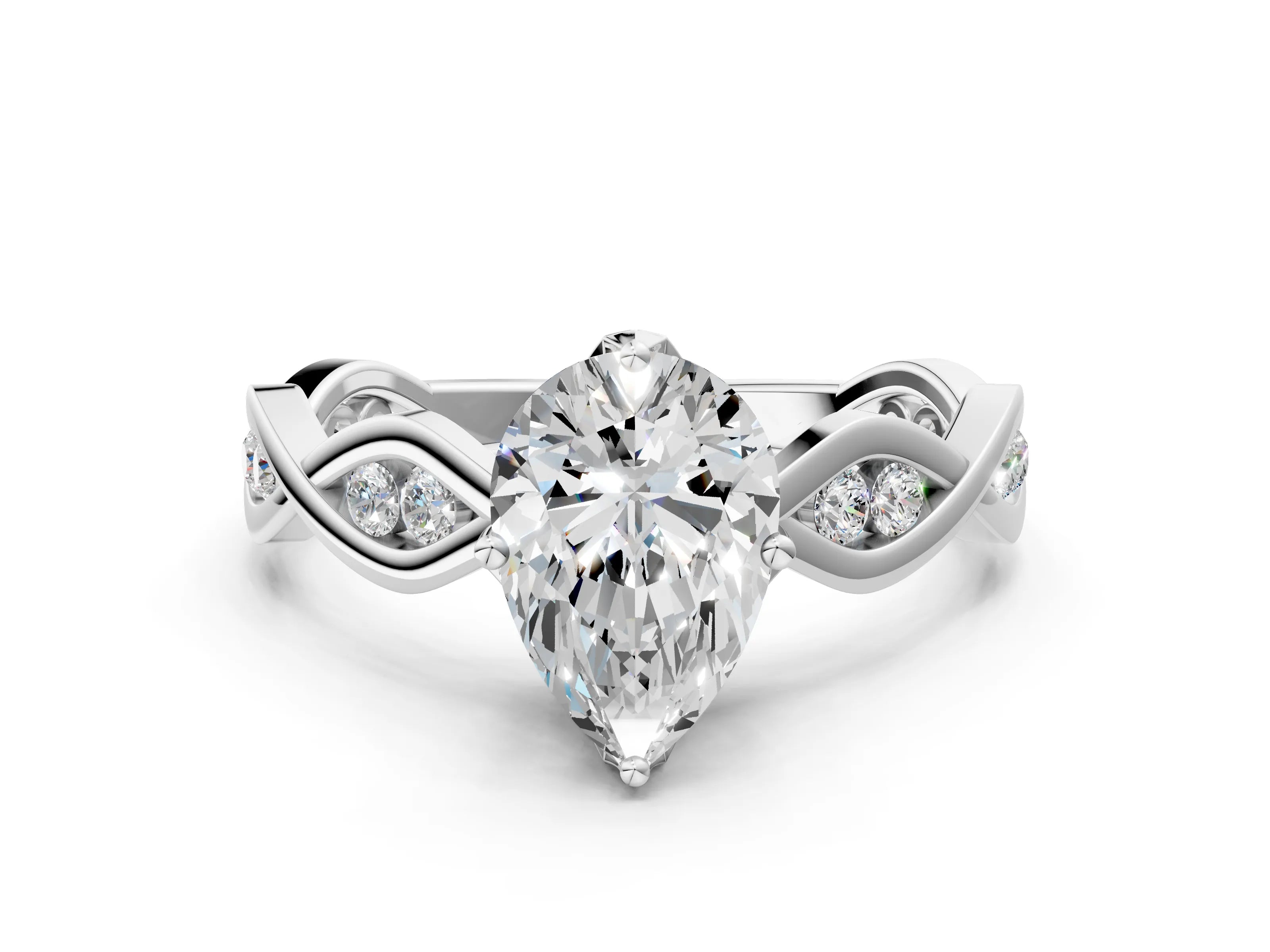 White gold Pear Solitaire Twist Band with Leaf Prong Setting 1