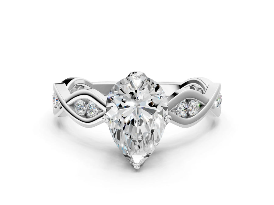White gold Pear Solitaire Twist Band with Leaf Prong Setting