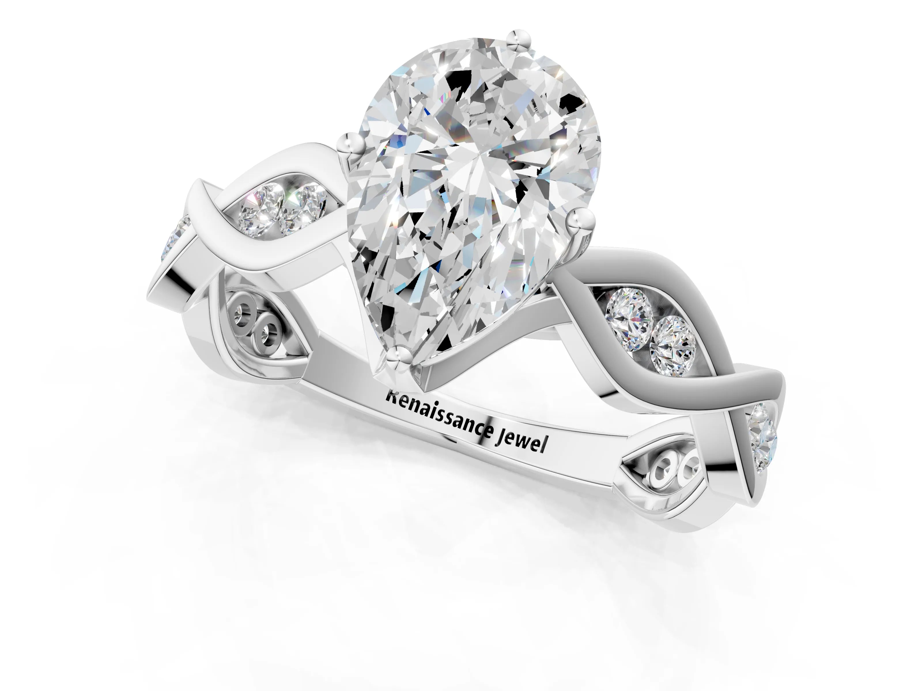 White gold Pear Solitaire Twist Band with Leaf Prong Setting 2