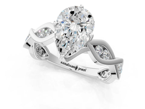 White gold Pear Solitaire Twist Band with Leaf Prong Setting 2