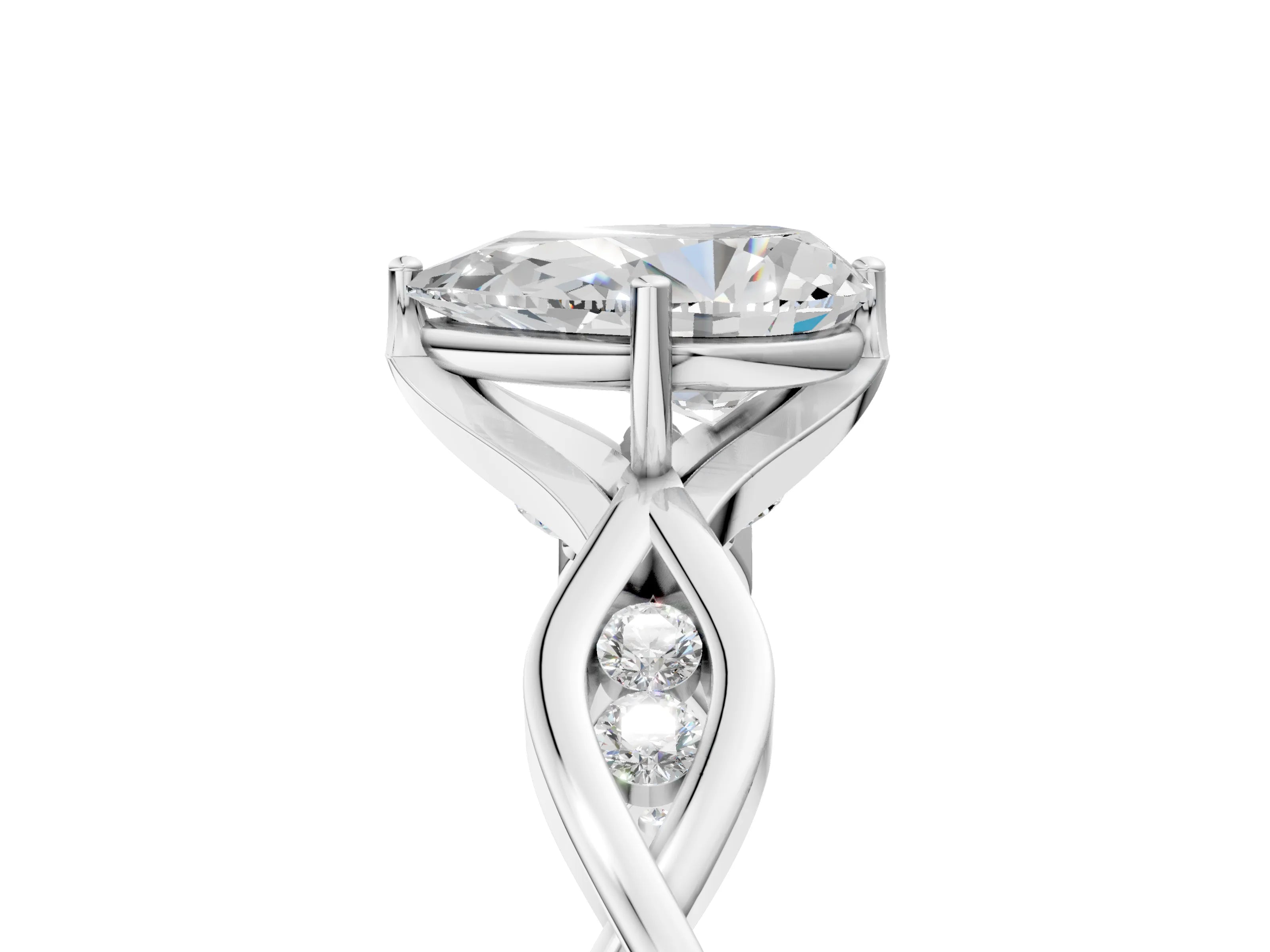 White gold Pear Solitaire Twist Band with Leaf Prong Setting