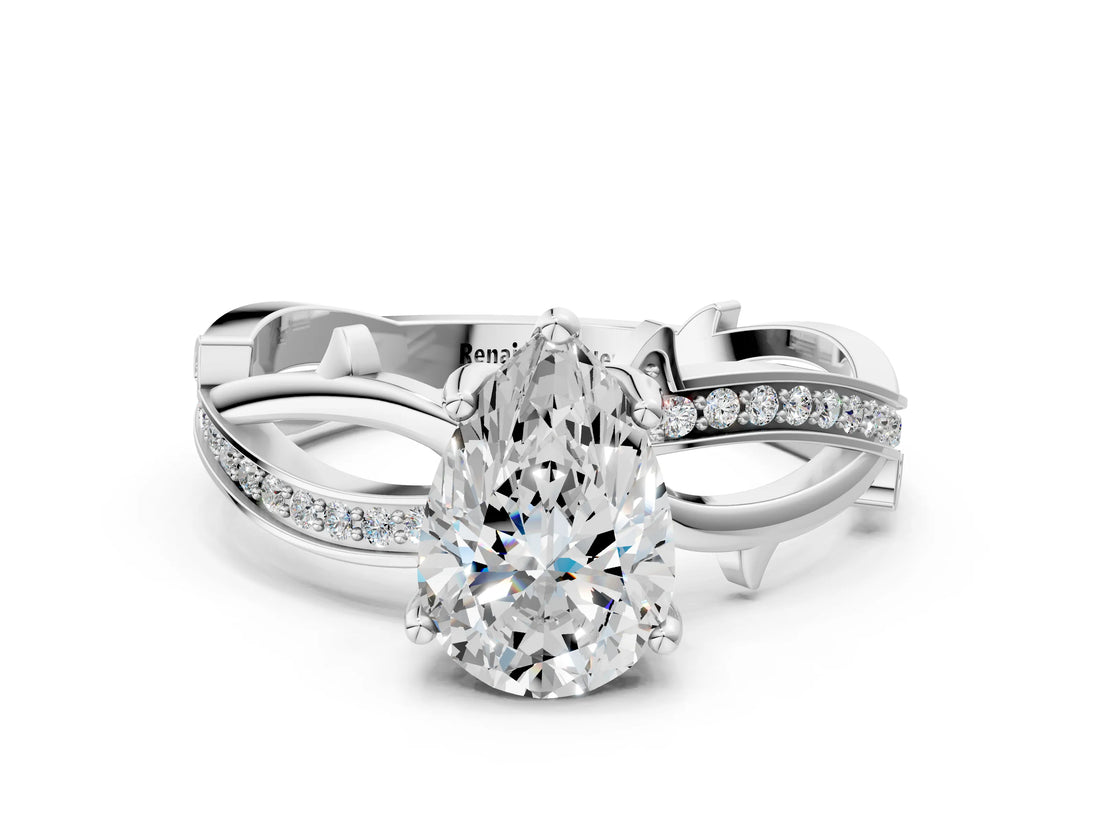 White gold Pear Solitaire Twist Band with Pavé Accents and Four-Prong Setting_20