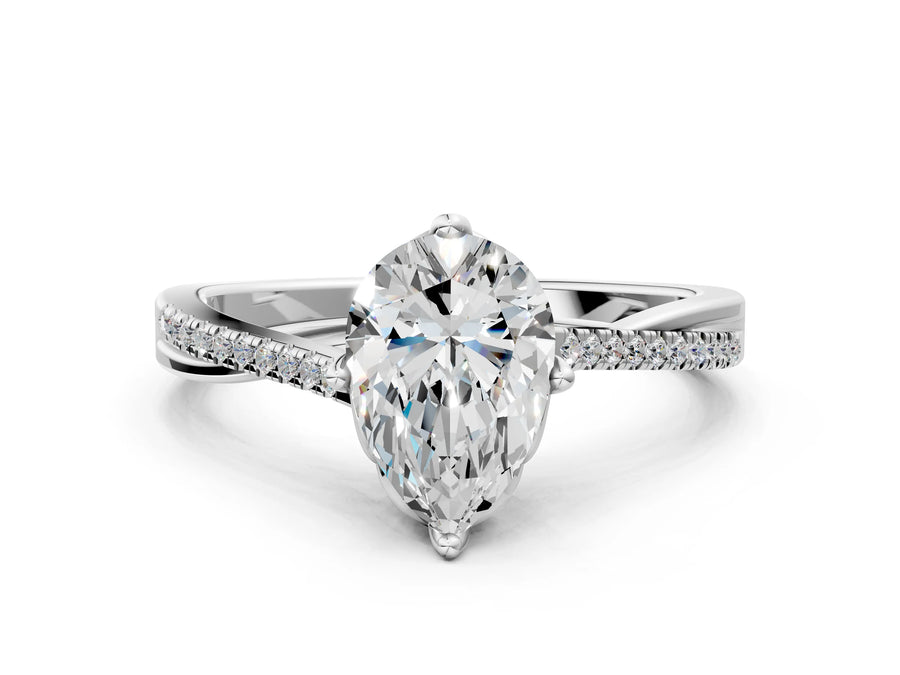 White gold Pear Solitaire Twist Band with Pavé Diamonds and Four-Prong Setting