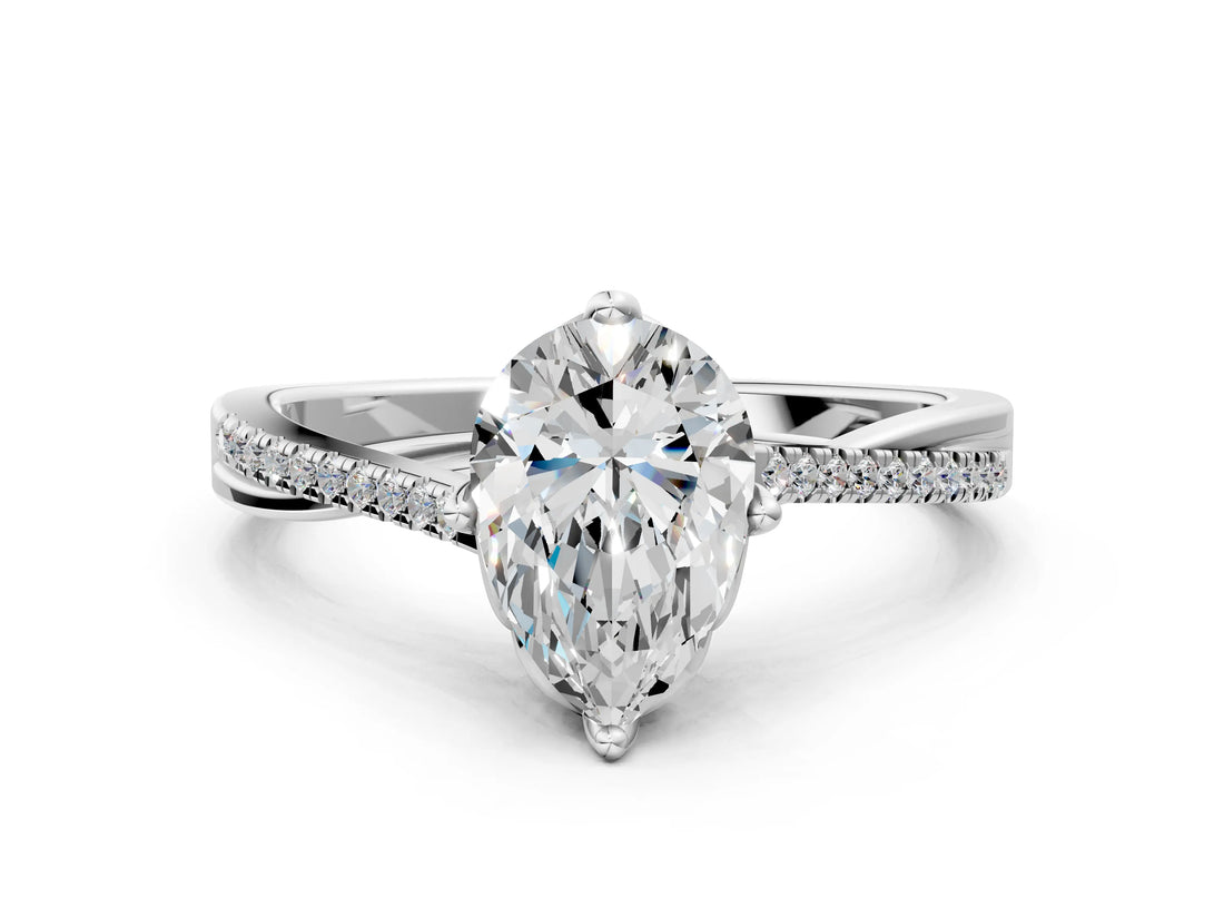 White gold Pear Solitaire Twist Band with Pavé Diamonds and Four-Prong Setting_153