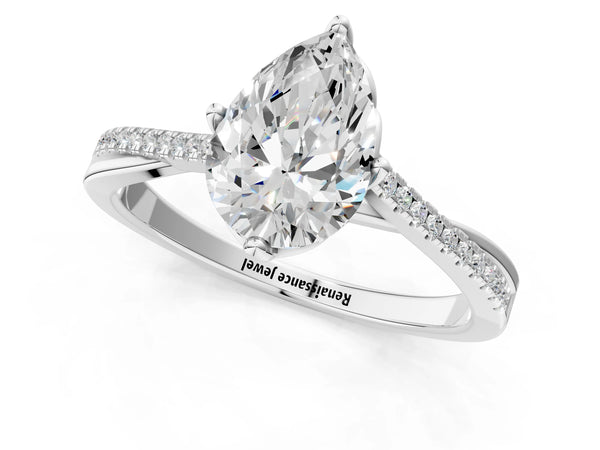 White gold Pear Solitaire Twist Band with Pavé Diamonds and Four-Prong Setting