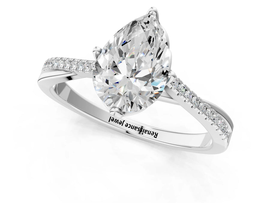 White gold Pear Solitaire Twist Band with Pavé Diamonds and Four-Prong Setting