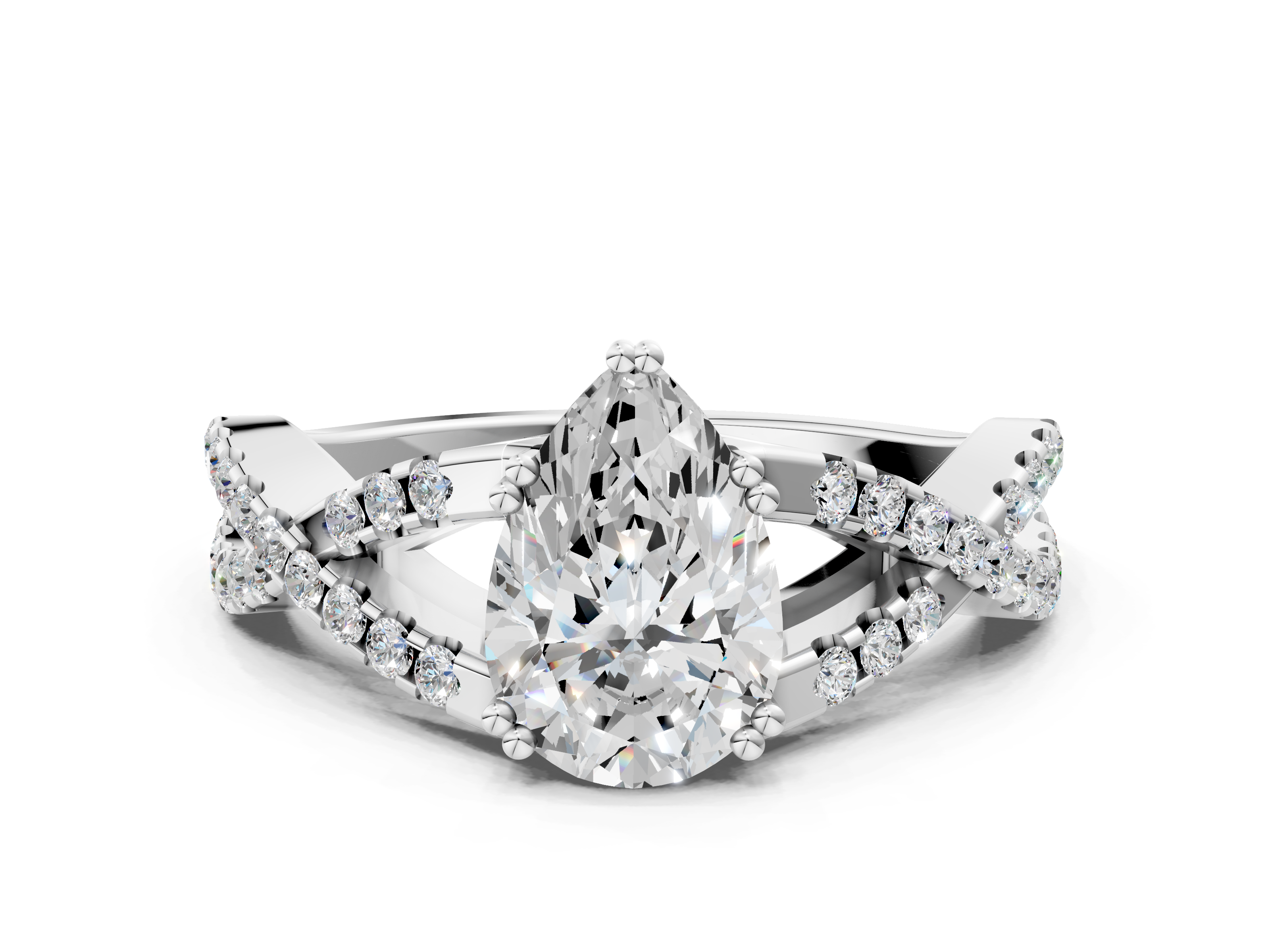 White gold Pear Solitaire Twist Band with Pavé Setting and Four-Prong Setting_53