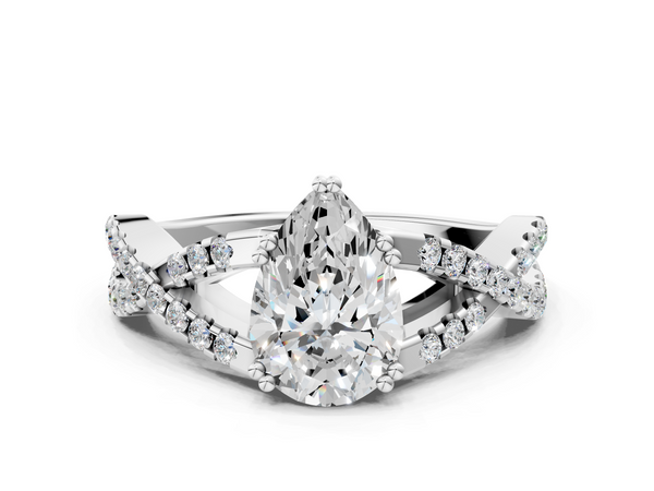 White gold Pear Cut Diamond Solitaire Ring with Four-Prong Setting and Twisted Pavé Band