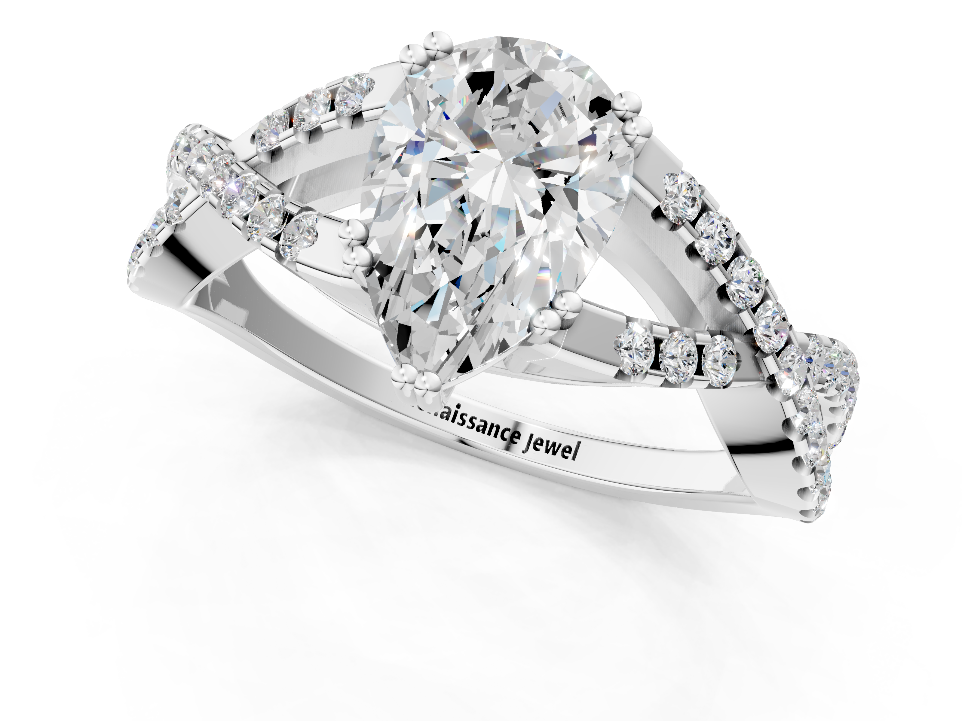 White gold Pear Solitaire Twist Band with Pavé Setting and Four-Prong Setting_54