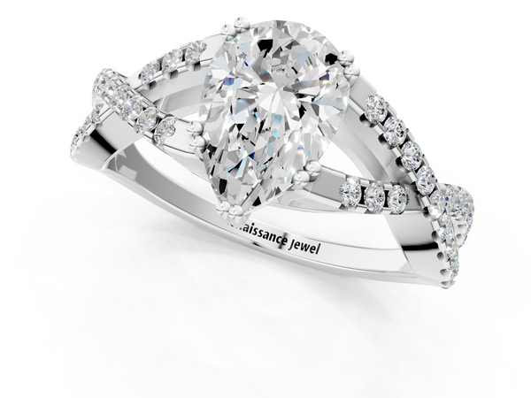 White gold Pear Cut Diamond Solitaire Ring with Four-Prong Setting and Twisted Pavé Band