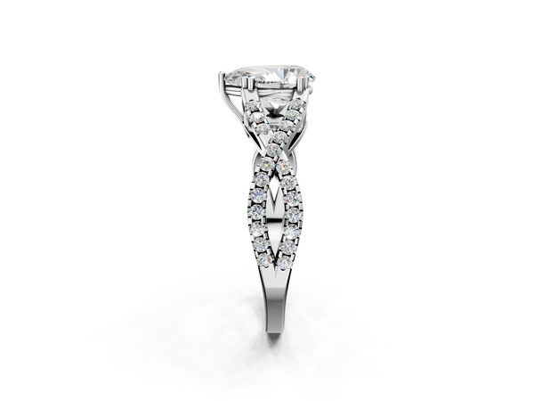 White gold Pear Cut Diamond Solitaire Ring with Four-Prong Setting and Twisted Pavé Band