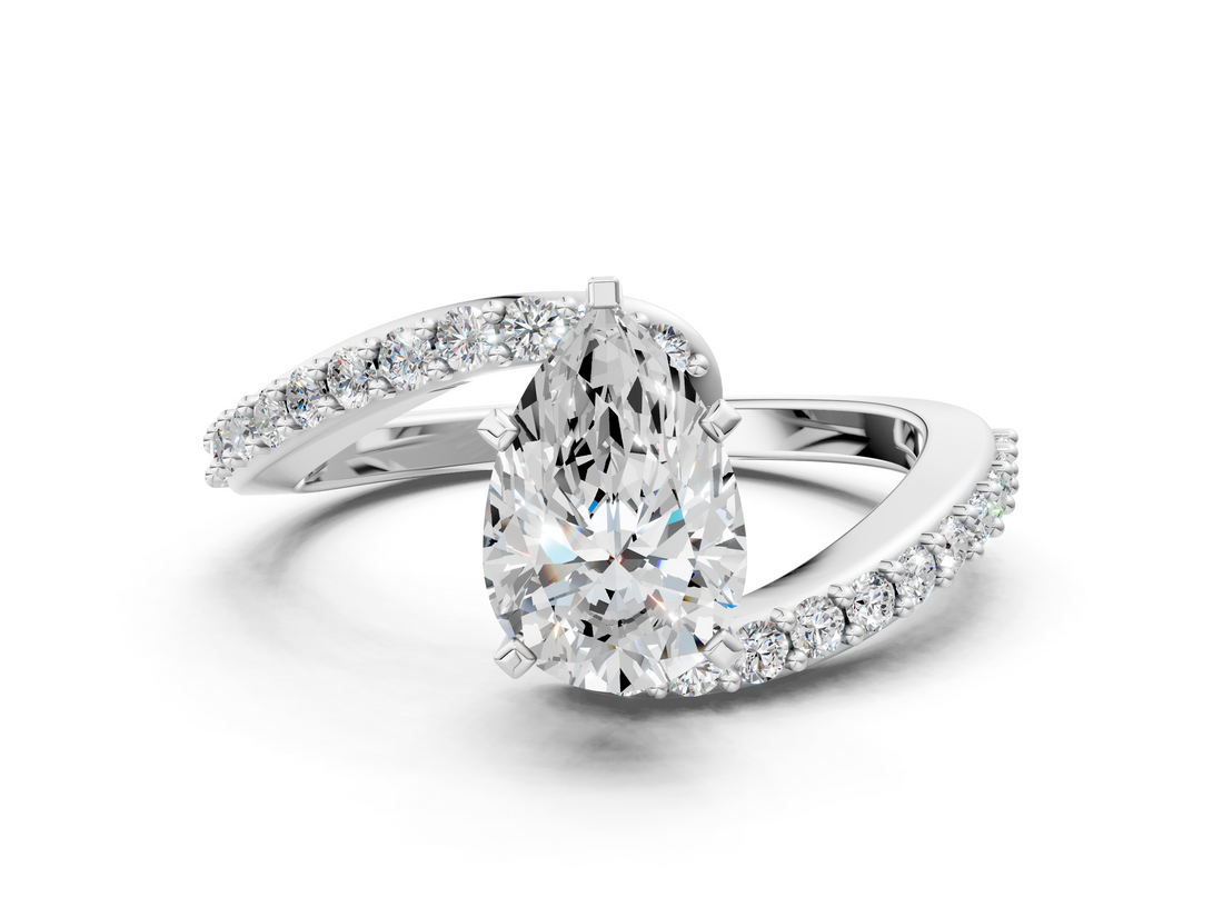 White gold Pear Solitaire Twist Band with Pave Set Diamonds and Four-Prong Setting_142