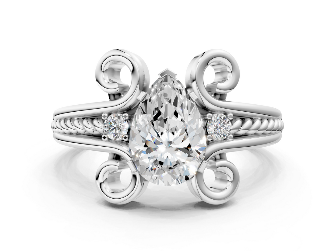 White gold Pear Solitaire Twisted Band Scroll Prong Ring_3