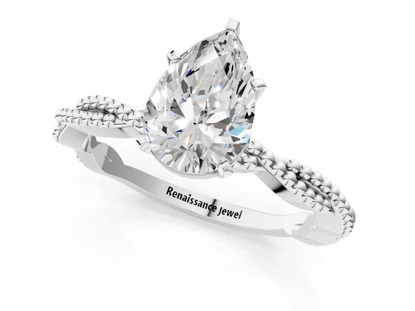 Platinum Pear-Shaped Solitaire Engagement Ring Setting with Beaded Twist Band and Basket Head