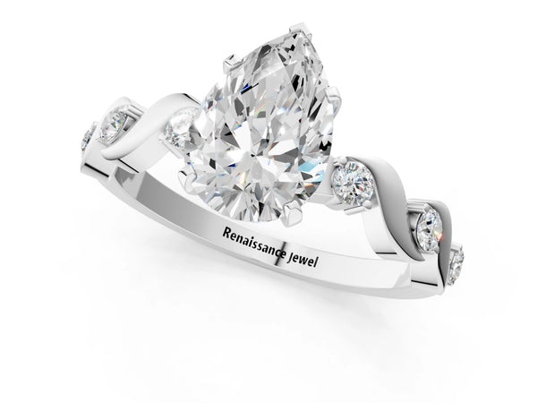 White Gold Pear-Shaped Solitaire Engagement Ring Setting with Ribbon Twist Accent Band