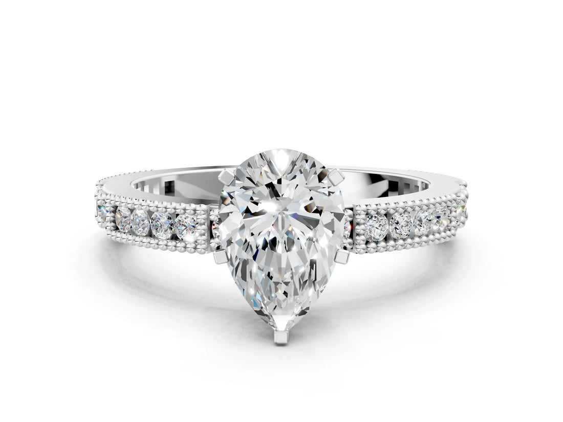 White gold Pear Solitaire with Pavé Band and Four-Prong Setting_364